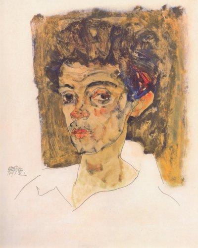 Zelfportret voor bruine achtergrond door Egon Schiele